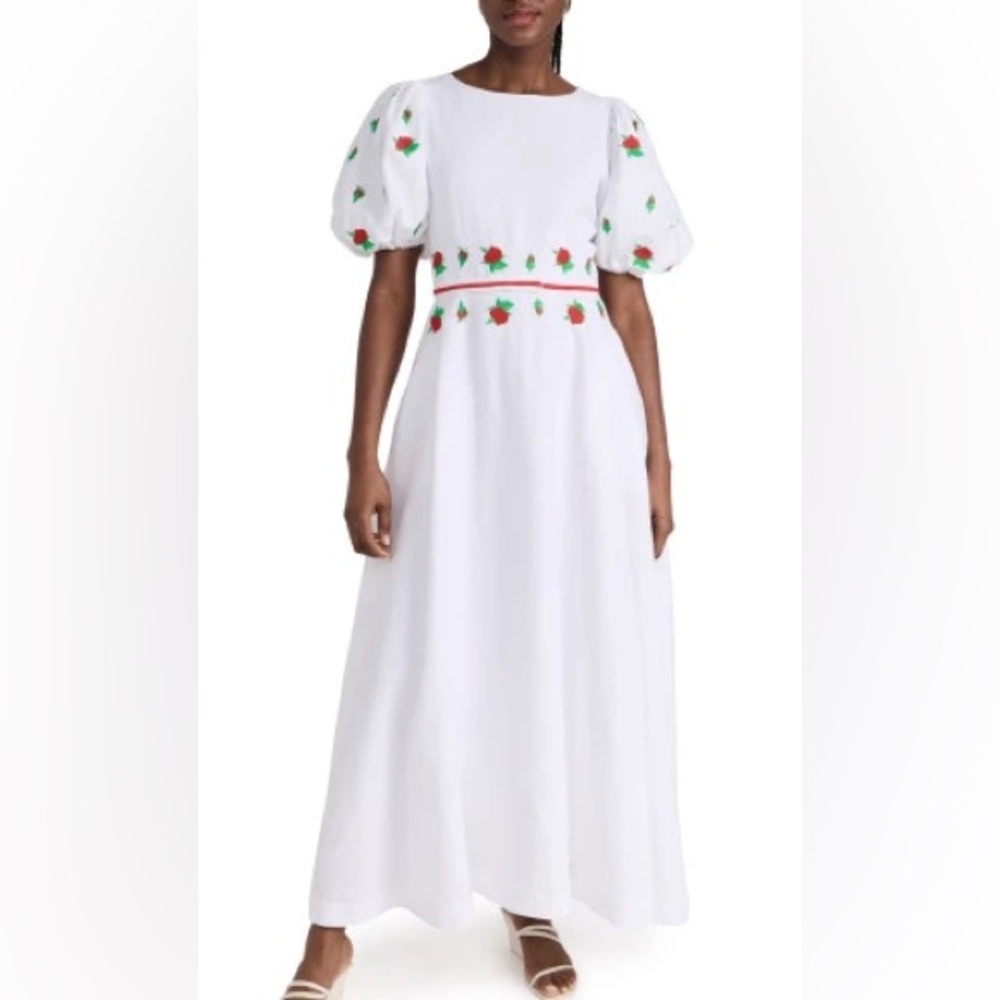 Fanm Mon Datcha Dress White Linen Roses Size Small